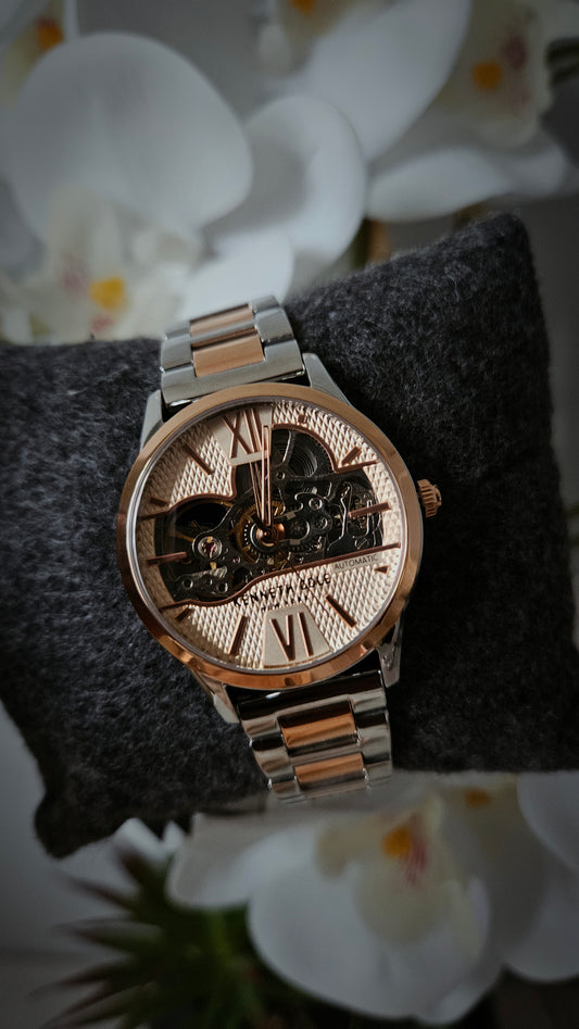 K.C Silver & Rose Gold Leather Automatic Watch