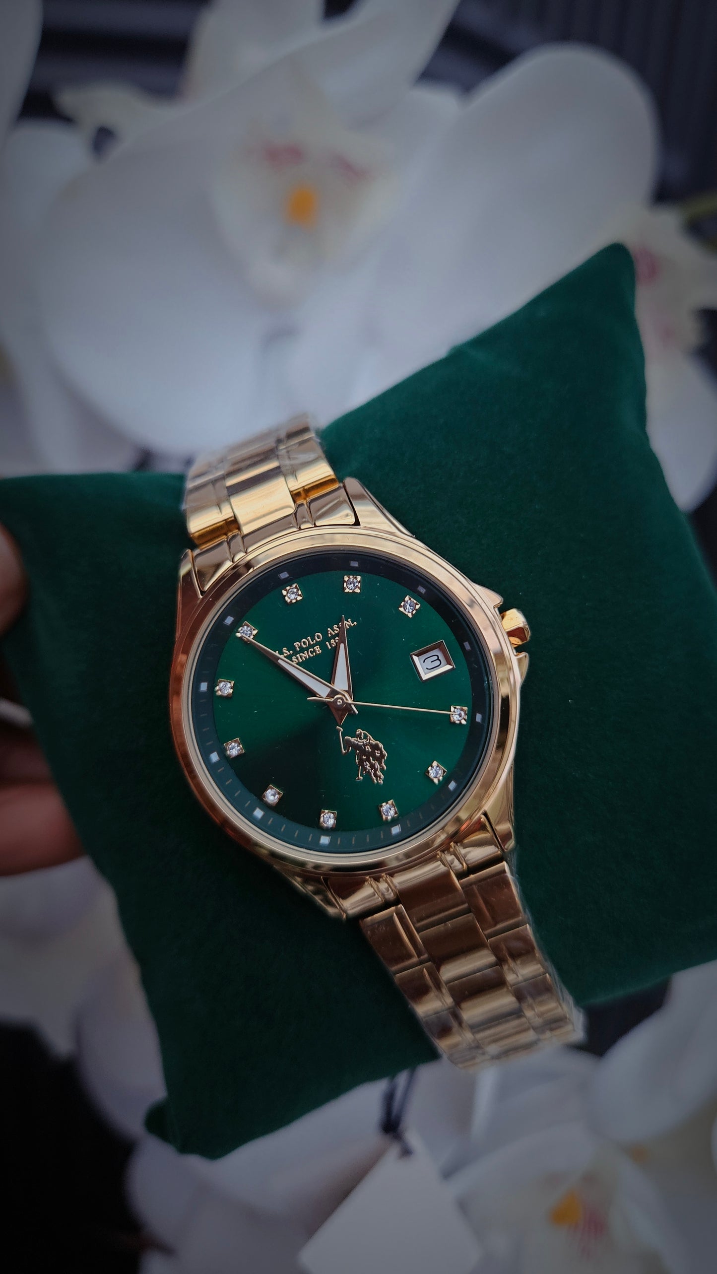 US Polo Assn Gold Tone & Green Ladies Analogue Watch