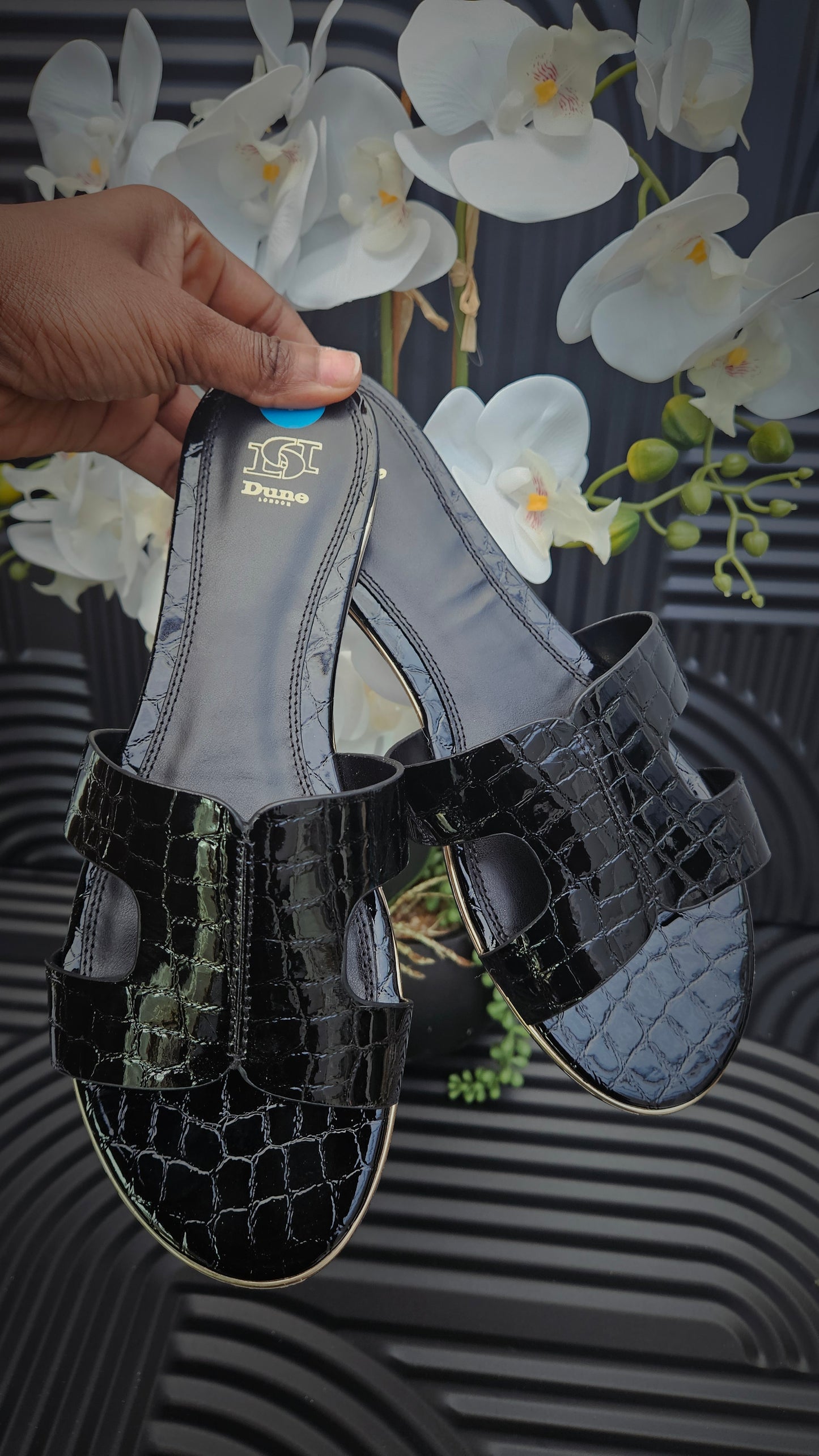 DUNE Flat Sandals in croc Black