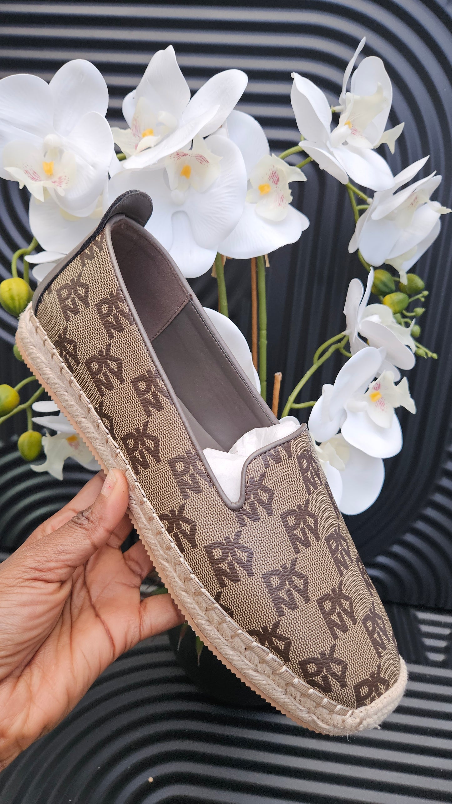 DKNY Brown Monogram Natural Trim Loafers - Authentic Retail Product