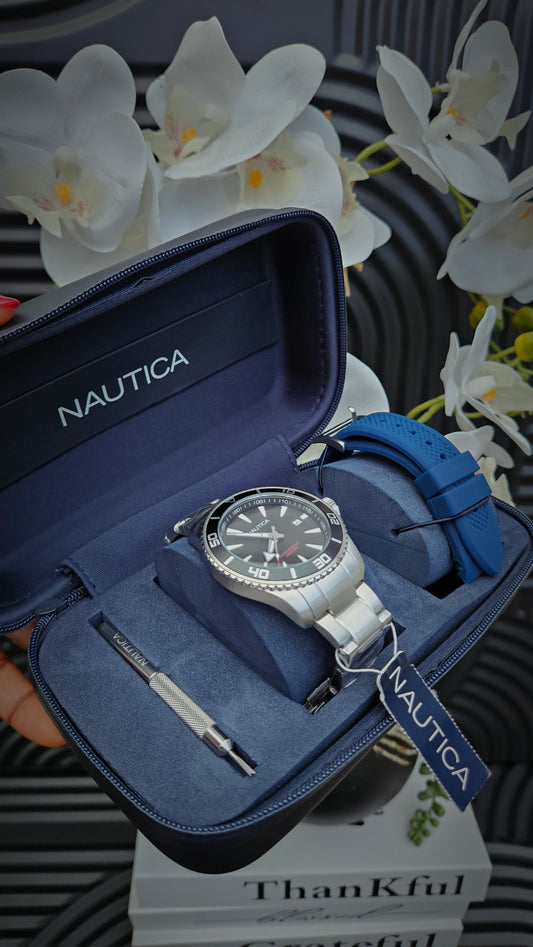 Limited Edition Nautica Silver-Tone Case Quartz Analog Watch Set