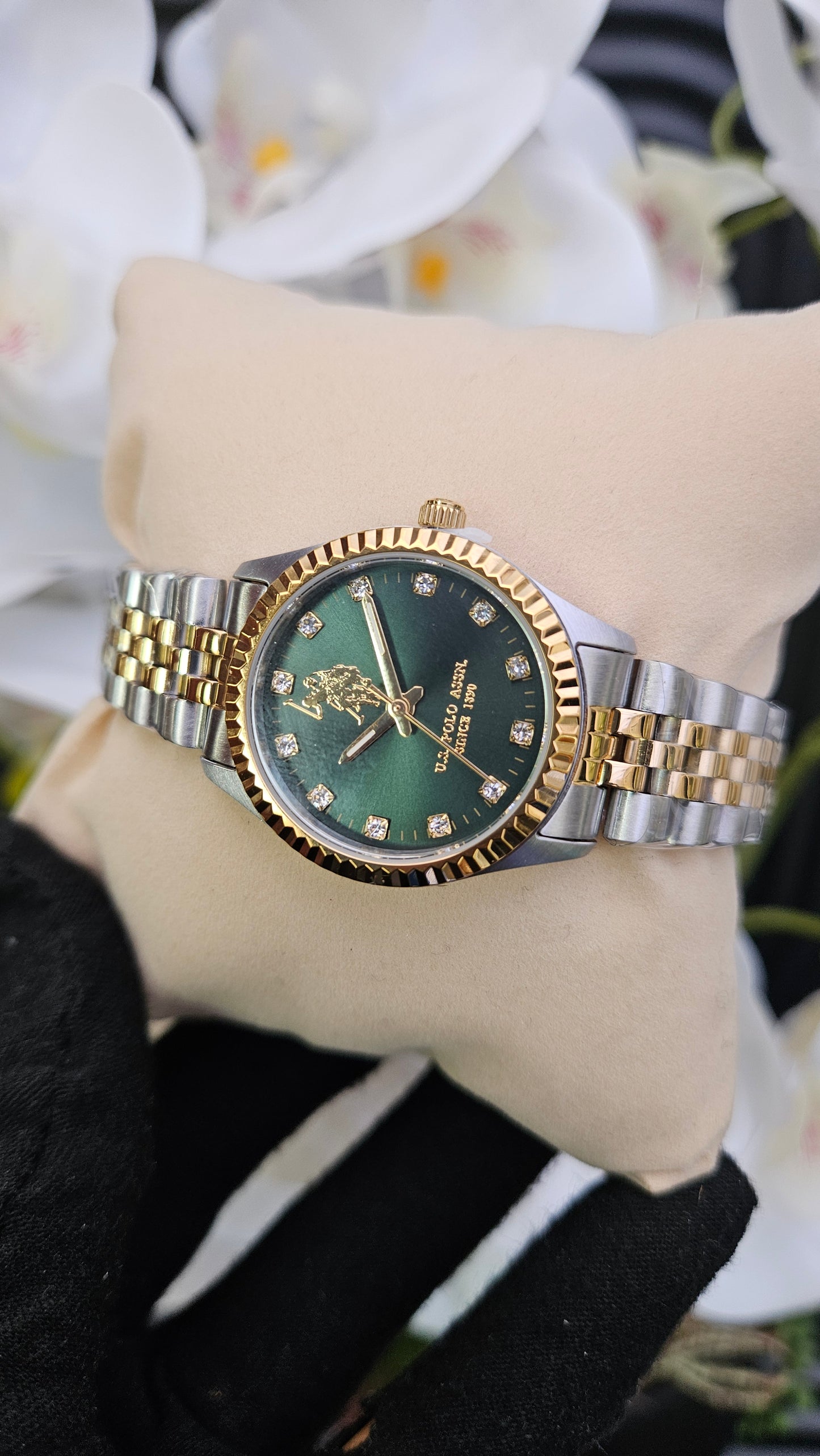 US Polo Assn Gold Tone & Green Stainless Steel Watch For Ladies