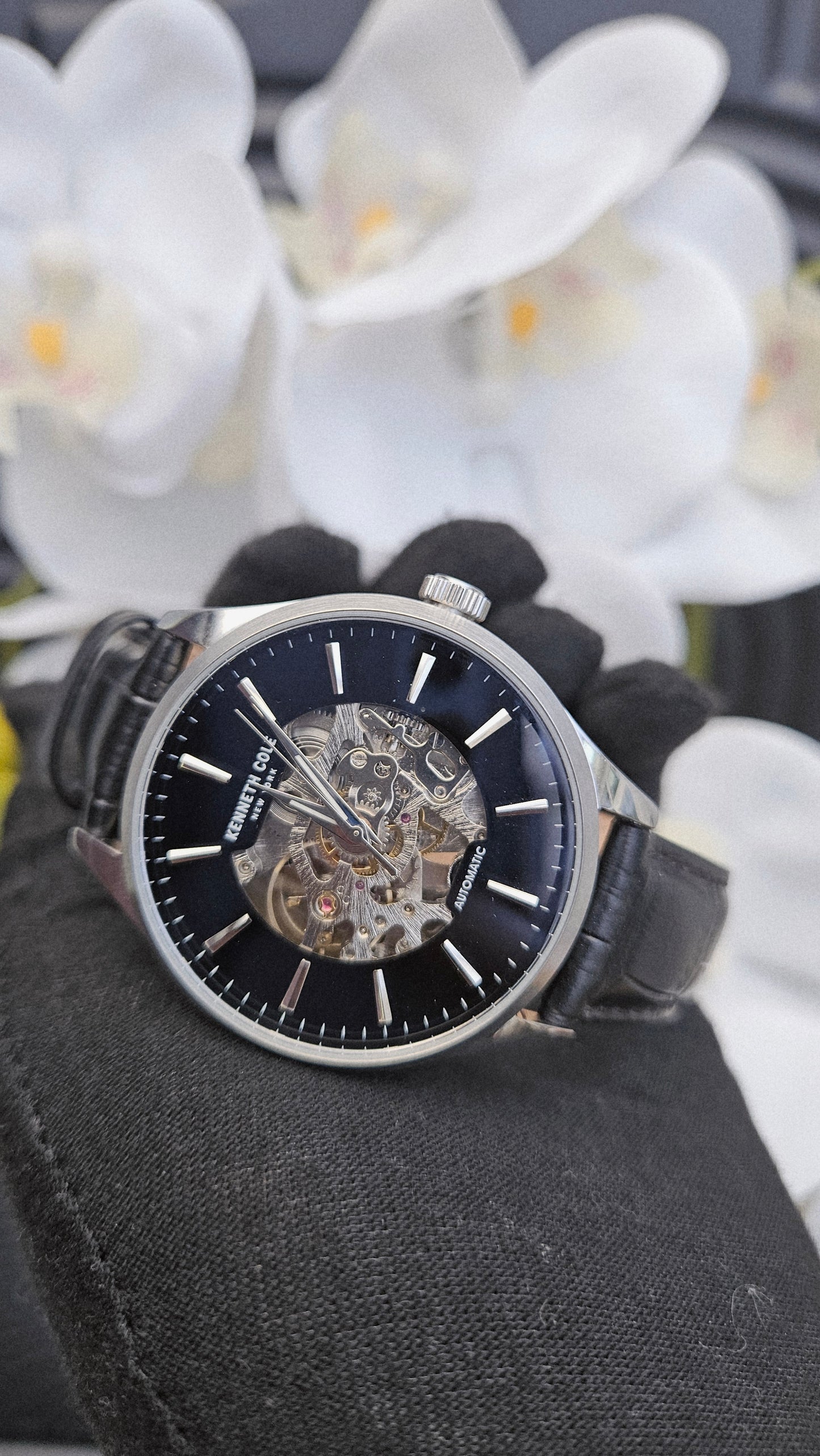 K.C Black Leather Automatic Watch