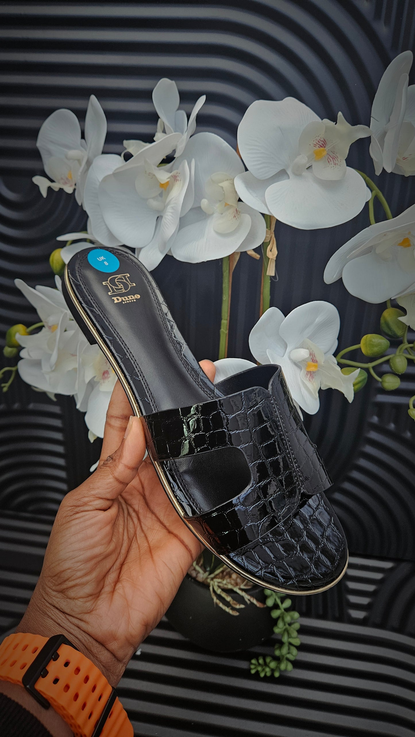 DUNE Flat Sandals in croc Black