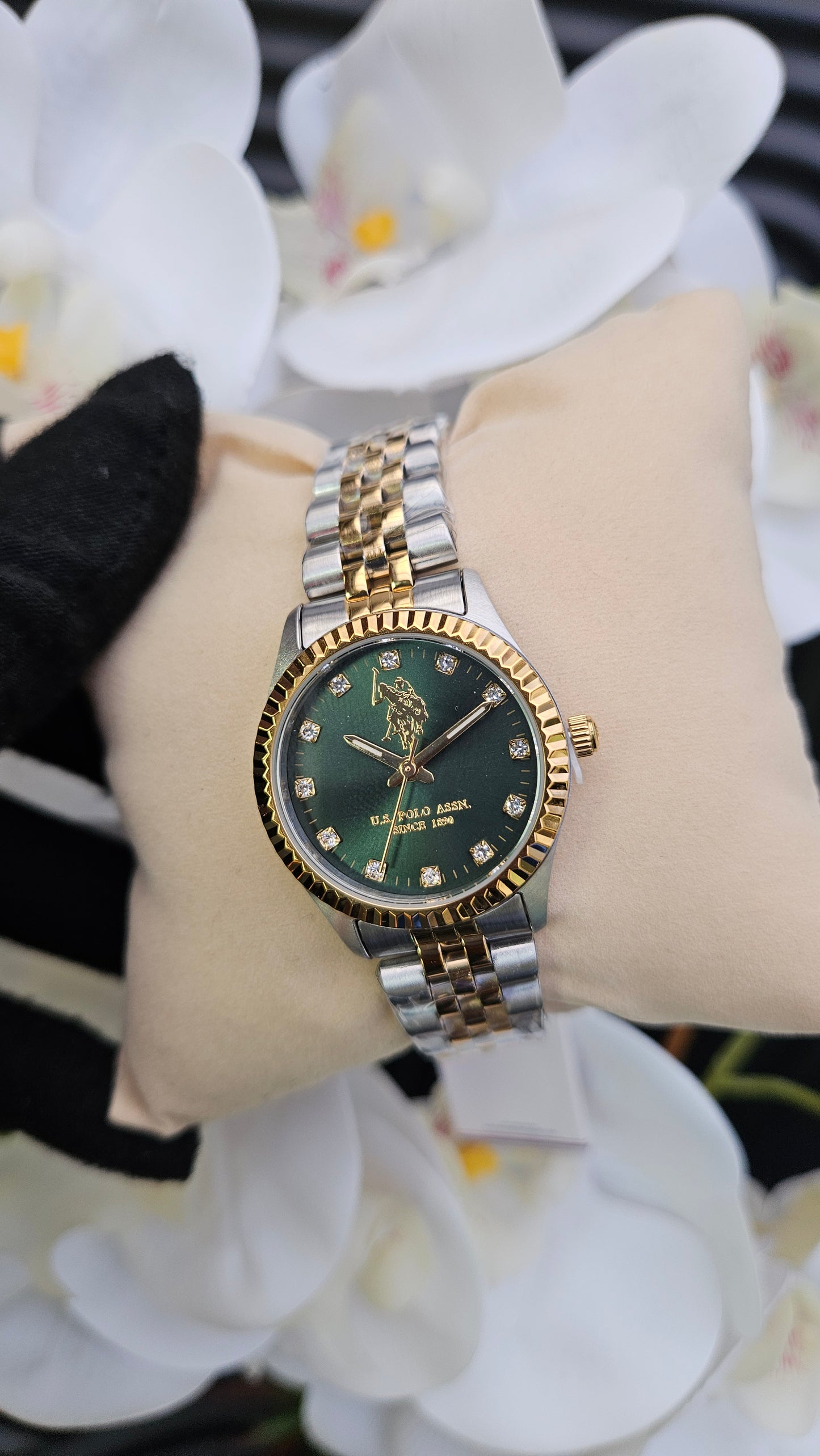 US Polo Assn Gold Tone & Green Stainless Steel Watch For Ladies