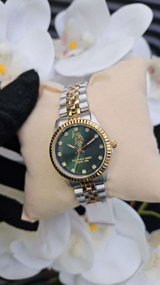 US Polo Assn Gold Tone & Green Stainless Steel Watch For Ladies
