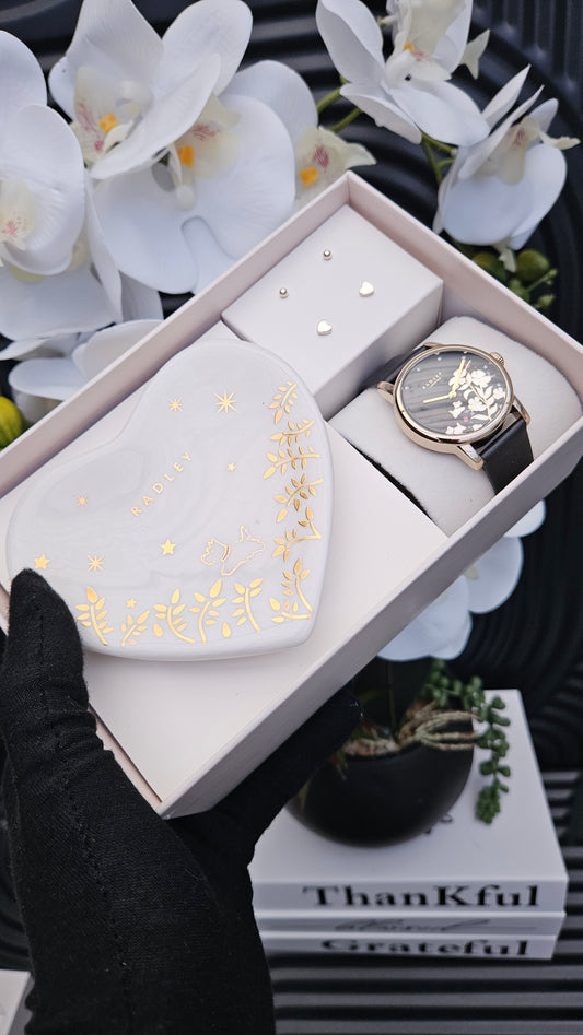 Black Strap Watch, Earrings And Trinket Tray