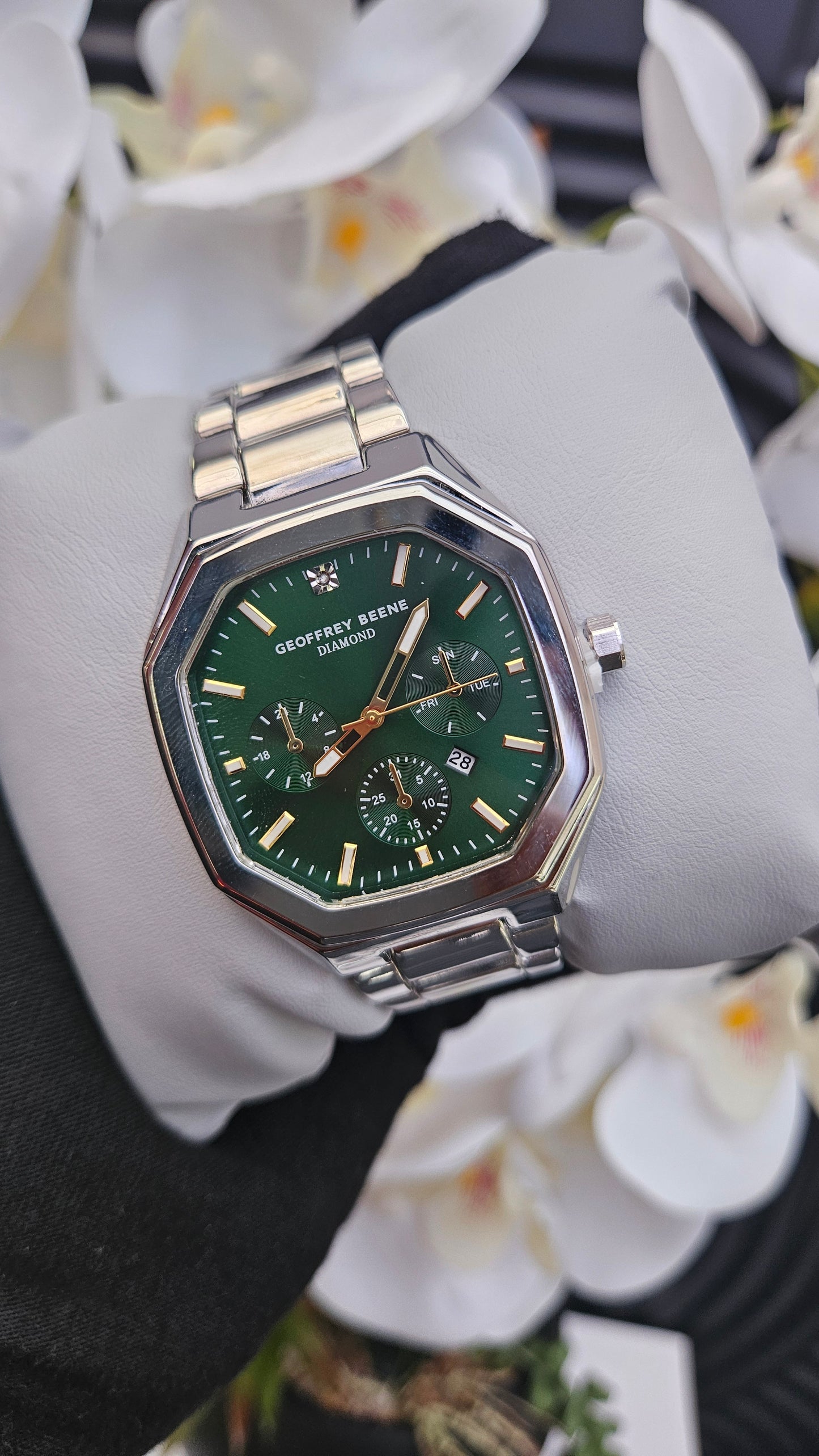 Green Dial Diamond Silver Strap Watch