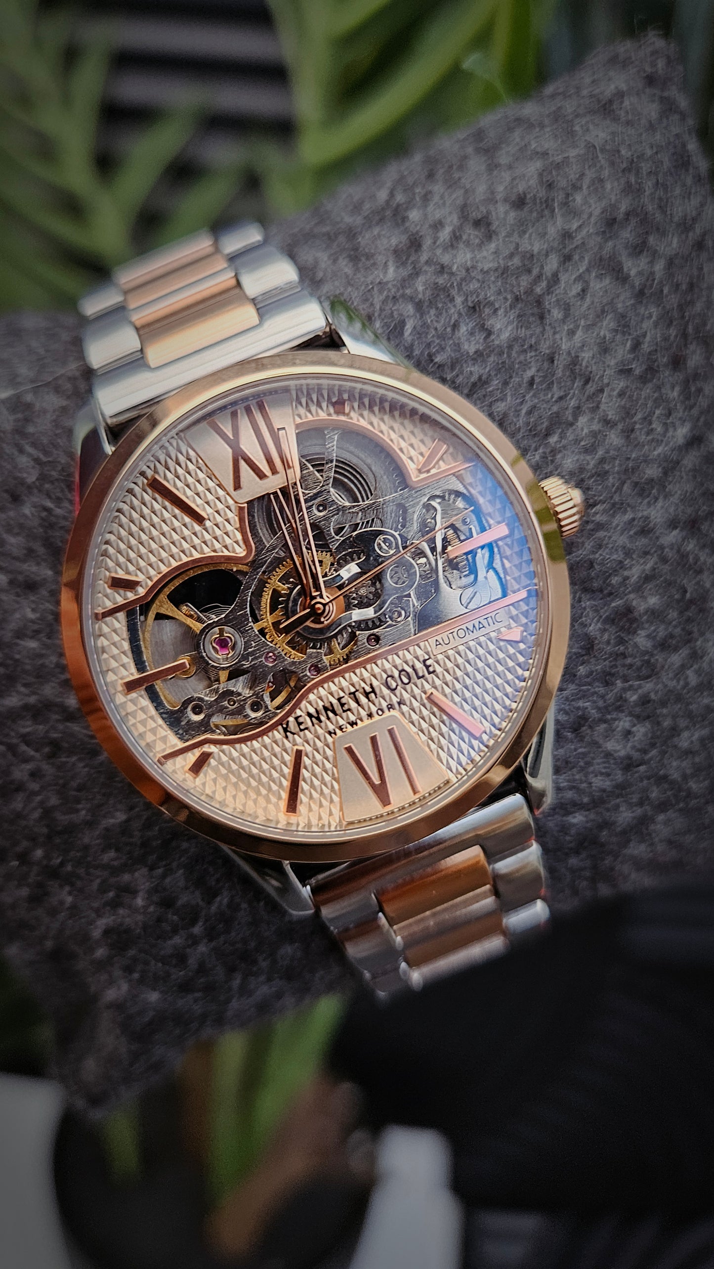 K.C Silver & Rose Gold Leather Automatic Watch